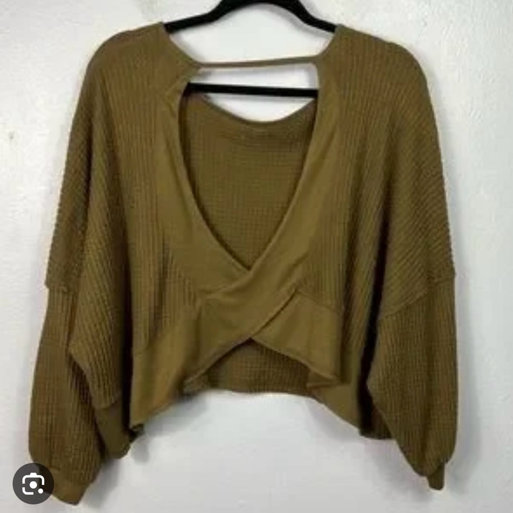 Free People S cross back Olive waffle shirt